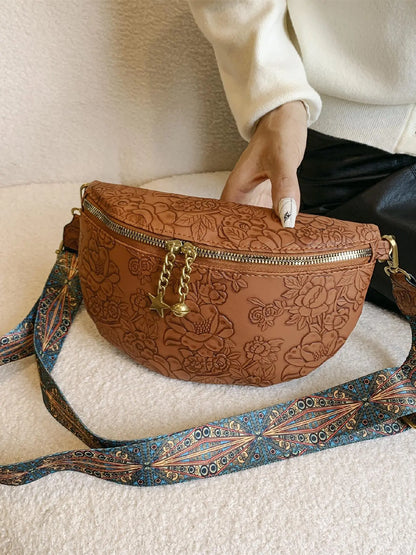 Women's Retro Floral Pattern Crossbody Fanny Pack for Women, Summer 2025 Trendy Fashion Pu Leather Zipper Belt Bag Casual Bum Bag Bumbag with Adjustable Strap for Daily Used, Versatile Bag, Fashion Waist Packs