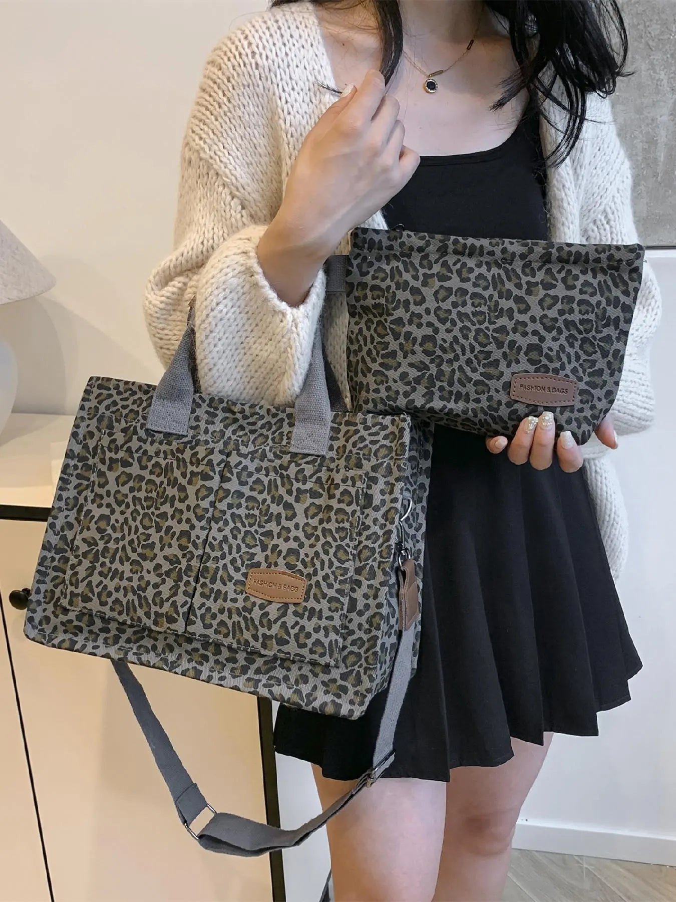 Women's Fashionable Solid Color/Fruit/Leopard Pattern Bag Set, 2 Counts Casual Versatile Tote Bag & Small Wristlet Bag for Women & Girls, Trendy Versatile Commuting Bag Set for Daily Use, Fabric Lining